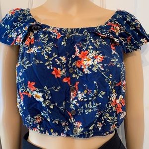Xhileration Blue Floral Crop Top On/Off Shoulder
